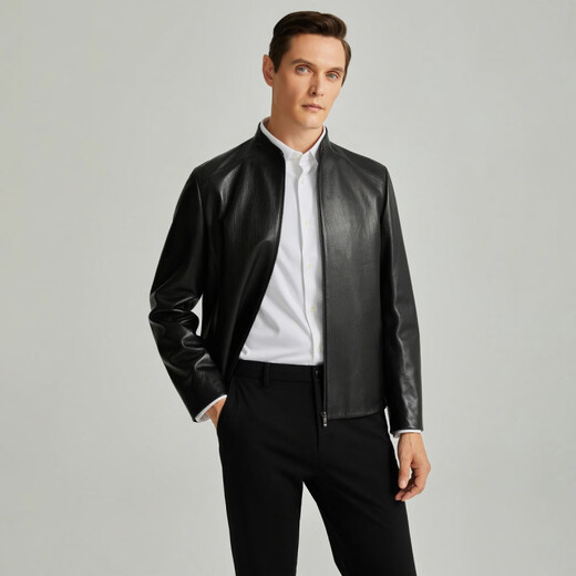 SATCHI Retro Stand Collar Solid Color Casual Light Mature Commuting Versatile Soft Leather Jacket Men's Black Black One Size 52