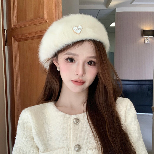 Xiaohongshu's popular love white imitation rabbit fur beret women's autumn and winter versatile beret hat painting painter hat large beige white adjustable (55-58cm) one size