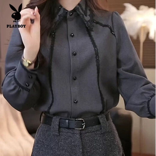 Playboy (PLAYBOY) French heavy-duty lace splicing shirt for women in autumn and winter, new style, loose design, lapel long-sleeved shirt, gray shirt-regular XL