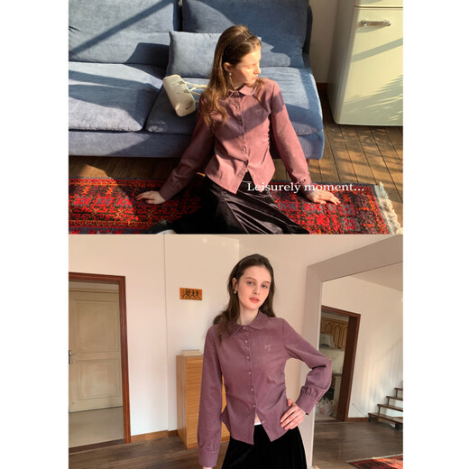 EGGKA bow embroidered corduroy long-sleeved shirt autumn and winter temperament short waist top E25A60797BK Purple M