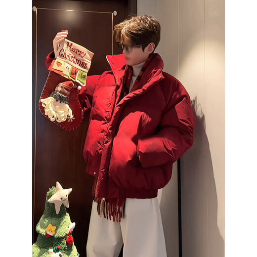 Main style (ZHUYIFAN) burgundy stand-up collar American down jacket for boys Christmas and New Year shirt short jacket warm thickened bread jacket red upgraded version M
