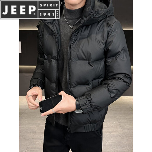 JEEP SPIRIT men's short winter hooded down jacket 2025 new thickened warm slim fit wash-free winter jacket trend 1053-1 style black M 90-105Jin Jin equals 0.5 kg
