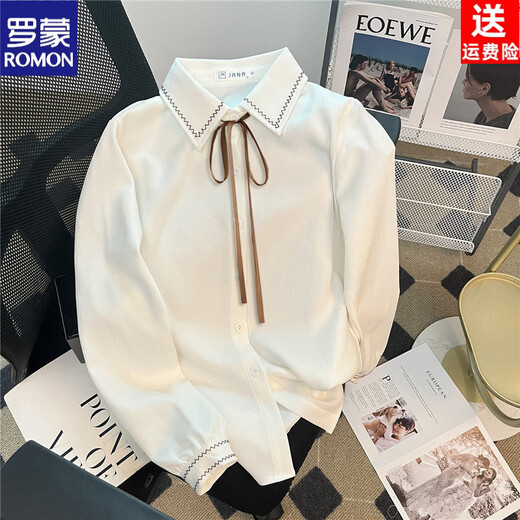 ROMON corduroy shirt women's long-sleeved 2026 autumn and winter new velvet brushed shirt layered bottoming shirt bow top white shirt + brown lace slightly thick and opaque S high-quality fabric
