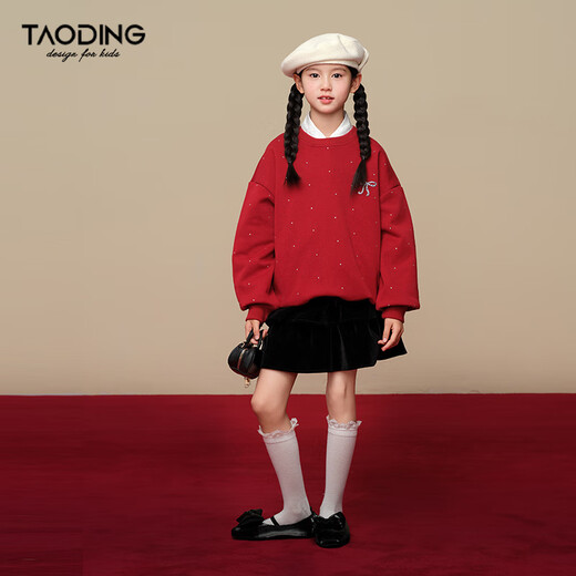 Taoding flash diamond design girls' velvet sweatshirt autumn and winter brilliant creative bow velvet sweater high-end red 120