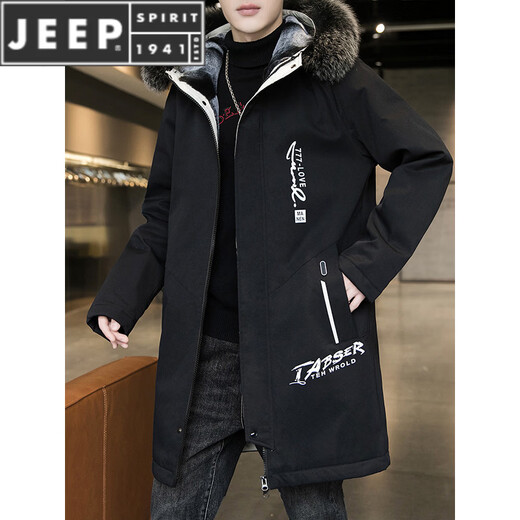 JEEP SPIRIT派克服男士外套冬季加绒加厚棉衣服中长款连帽风衣潮流棉袄 黑色 M