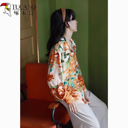 Woodpecker (TUCANO) spring Hong Kong style long-sleeved loose layered design niche new retro print shirt performance photo shirt coffee bottom green floral long-sleeved L