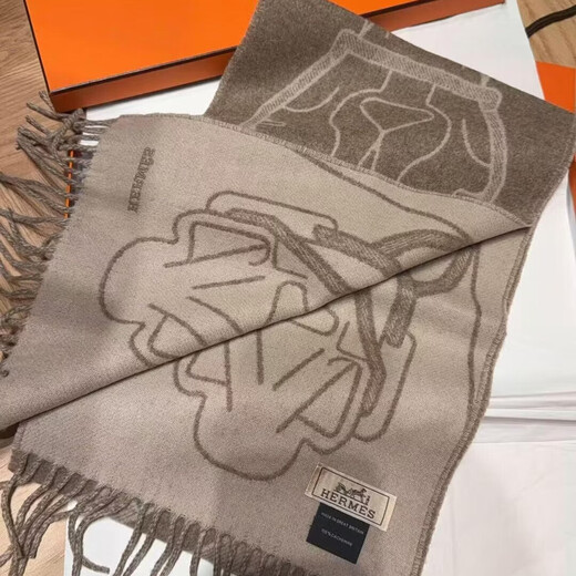 Hermes (HERMES) 26th new TeteEquestre two-color pattern design cashmere Year of the Horse scarf for men and women, New Year gift, taupe H393398T 01 25*170cm