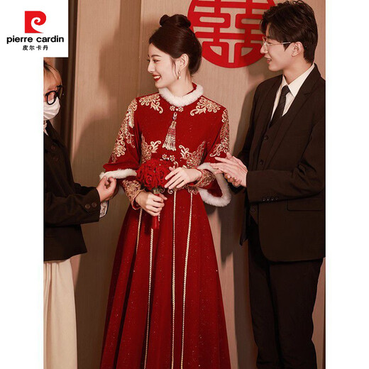 Pierre Cardin Cheongsam Toast Wear Bride 2025 New Red Engagement Wedding Dress Chinese Style Xiuhe Wedding Dress Long Sleeve Winter Burgundy 2XL