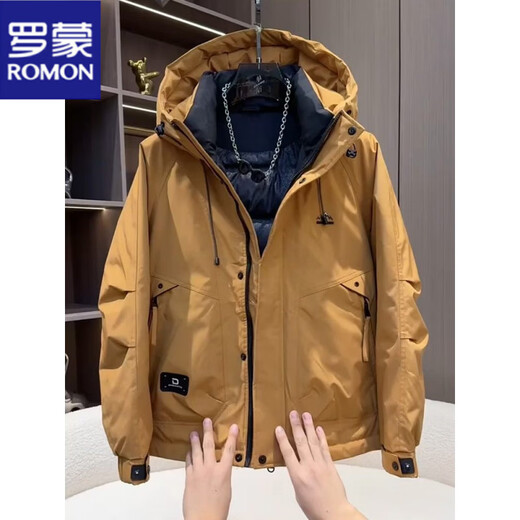 ROMON Рабочая одежда Короткий пуховик Мужская осенне-зимняя утепленная куртка Белая куртка на утином пуху с капюшоном Мужская защита от тепла и холода Рыжий желтый Romon Натуральная M Рекомендуемый вес 100-125 Jin Jin равен 0,5 кг