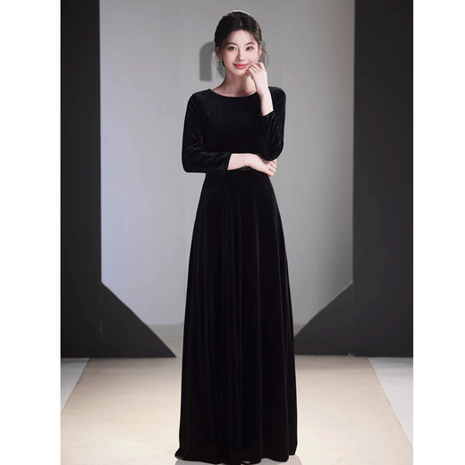 Seidler Cantata Piano Performance Black Long Sleeve Conductor Uniform Annual Meeting Host Female Performance Uniform Evening Dress Long Skirt Adult Black Velvet M