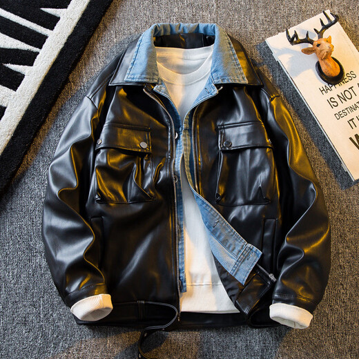 Playboy American spliced denim fake two-piece leather jacket men's sexy men's handsome motorcycle lapel jacket trendy black M