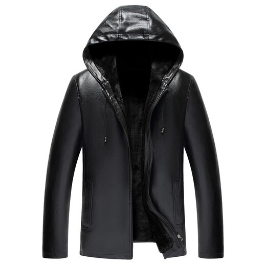 Goldlion middle-aged men's dad leather jacket hooded plus velvet thickening autumn and winter hooded casual warm men's leather jacket hooded pickle green-brown velvet M 52 size_(95-110Jin Jin is equal to 0.5 kg)