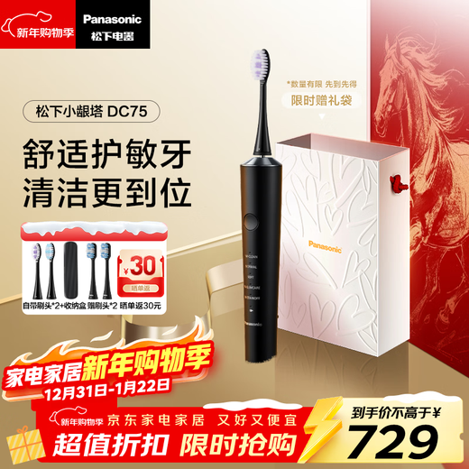 Panasonic Small Gum Tower Adult Electric Toothbrush Dentist Recommends Dual Motor Horizontal Sweep Vibration Deep Cleaning Gum Care Birthday New Year Gift for Men and Women DC75 Black