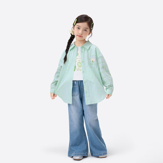 Xiaoyinman children's clothing girls plaid shirt love mark 26 spring fashion lapel top for older children and girls green plaid 160