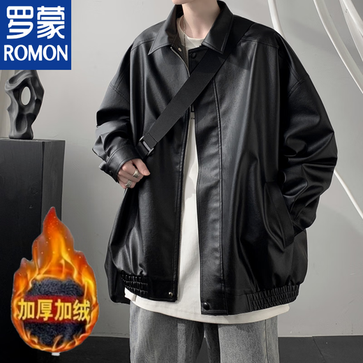 ROMON winter leather jacket men's velvet thickened American high street motorcycle jacket handsome loose casual pu leather top black-velvet high quality thickened 2XL quality higher than peers