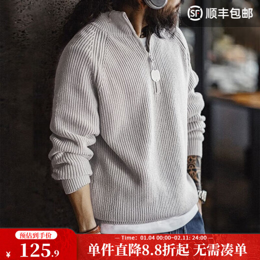 Madden workwear American half-zip stand-up collar sweater for men in autumn half-high collar vertical line texture versatile stretch men's sweater smoke gray loose and oversized/turtleneck sweater for men/sweater/2026 new XL