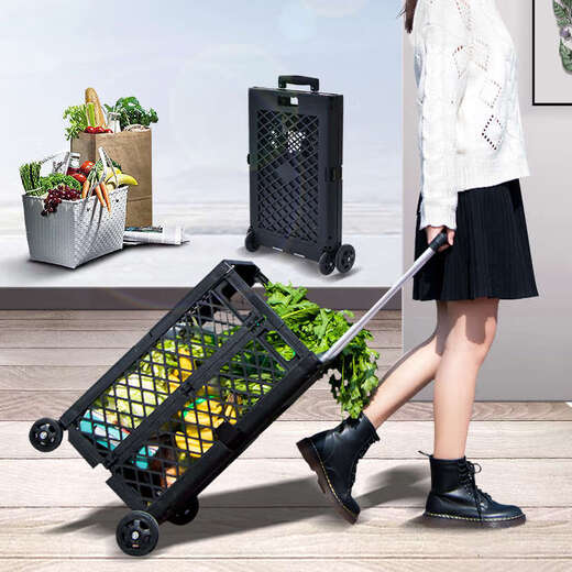 Wing Fantasy hand-pulled shopping cart that can easily climb stairs and is designed with a trolley for outings. Grid style. Black four wheels.