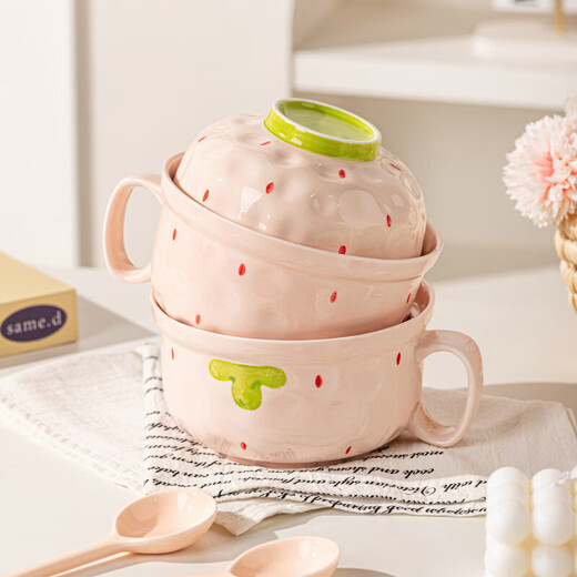 Tuojin instant noodle bowl ceramic high-quality bowl with lid for dormitory student bowl personal bowl and chopsticks set for one person Strawberry instant noodle bowl (with lid)