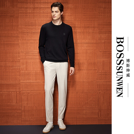 Bosssunwen 100% sheep wool recommended business casual solid color all-match base shirt for spring, exquisite rubberized wool sweater, black M