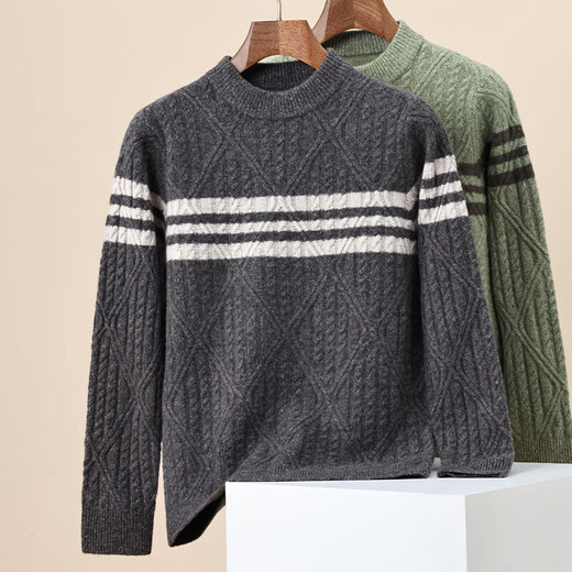 Jacquard thickened men's 100% wool sweater diamond-shaped autumn and winter round neck pure wool striped sweater men's top, fruit green 3XL 190/104A(125)
