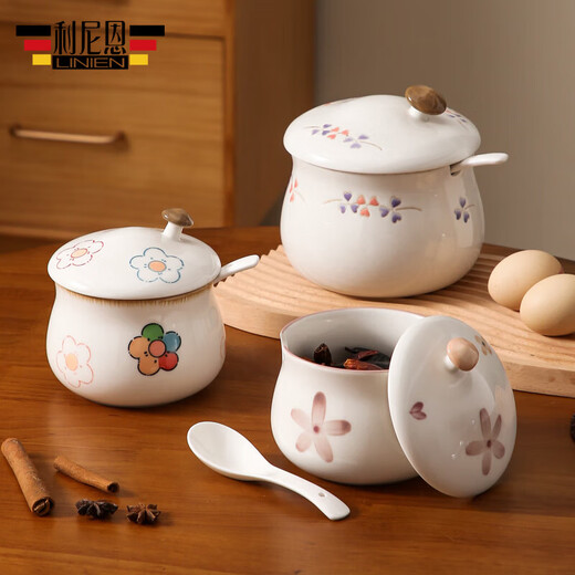 High temperature resistant lard jar jar ceramic kitchen seasoning bottle household salt jar oil spicy jar large capacity hand-painted lard jar large colorful flower 1050ml