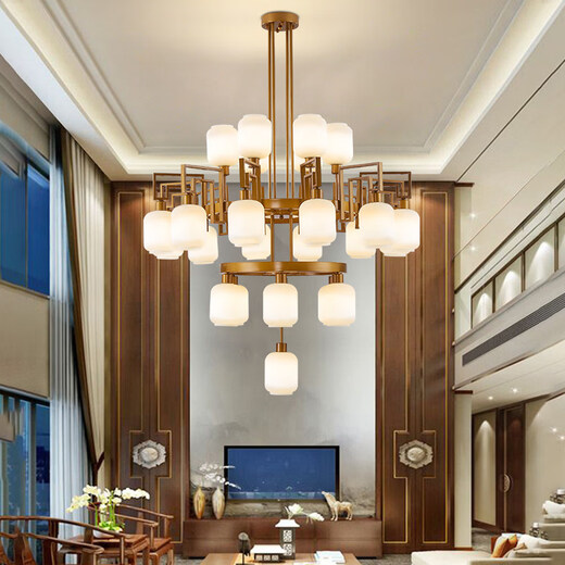 OPPLE New Chinese style large chandelier living room high ceiling hotel box engineering lamp covered building multi-story villa Chinese style lamps black glass lampshade 19 heads (three layers) with three-color light source