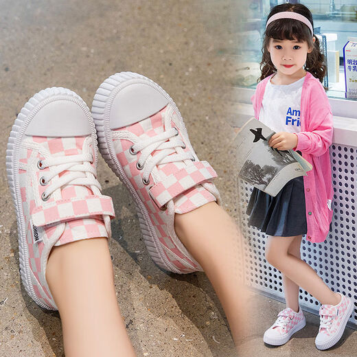 Children's canvas shoes 2025 spring and autumn new student shoes boys plaid sports shoes girls soft bottom low-top sneakers QC-A58 black 35 size 35 shoes inner length 21 points 5cm