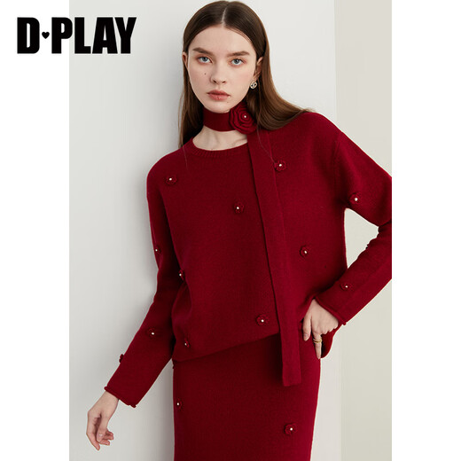 DPLAY2025 Autumn New Red Sweater Suit Women's New Year's Style Wool Knitted Sweater Skirt Anchor Red-Skirt S