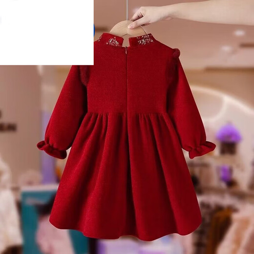 HEYDIDY girls' velvet New Year's greeting dress skirt 2025 autumn and winter new thickened baby festive children's Chinese style dress red national style dress (without bag) 120 cm