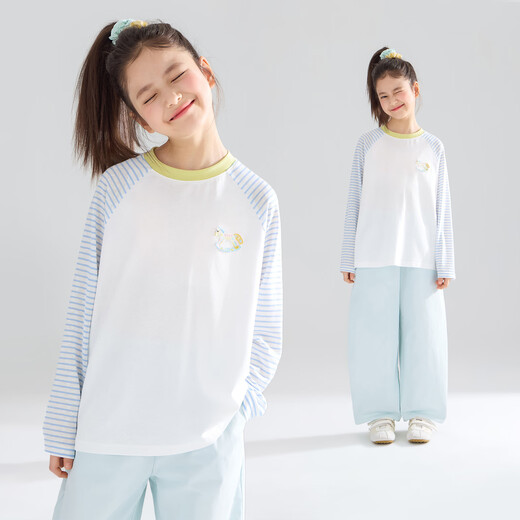 Mucmukn colorful Trojan 13 linen 48 lyocell 38 cotton pony embroidered striped T-shirt girls 26 spring blue and white strips 110 cm