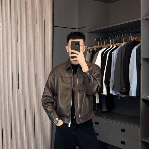 STRONG-WILLED light mature 25 autumn and winter fashion short leather jacket men's motorcycle ins handsome jacket casual zipper leather jacket coffee color M suitable for 125-145Jin Jin is equal to 0.5 kg