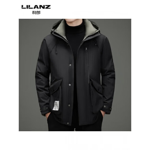 LILANZ winter high-end white duck down hooded jacket for young men fashionable versatile warm down jacket men casual thickened black 6907 removable liner 14XL (195)