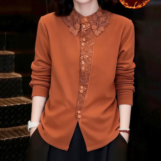 Sudian Women's Original Brand Flagship Store Fashionable and Western Style Velvet Thickened Lace Lapel Waist Revealing Warm Shirt Winter Orange XL