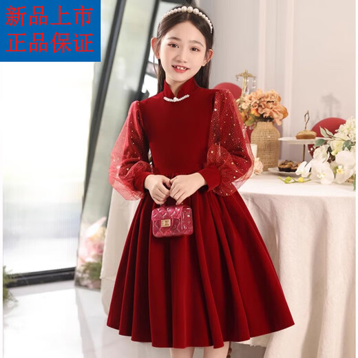 Disney (Disney) girls dress autumn and winter new red style flower girl children's skirt little girl performance costume princess dress winter red plus velvet lining 120