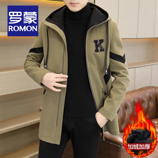 ROMON Trendy Hooded Windbreaker Men's Autumn and Winter New Style Fashionable and Handsome Casual Coat Velvet Thickened Cold Warm Jacket 37 Khaki Velvet XL 125-140Jin Jin is equal to 0.5 kg