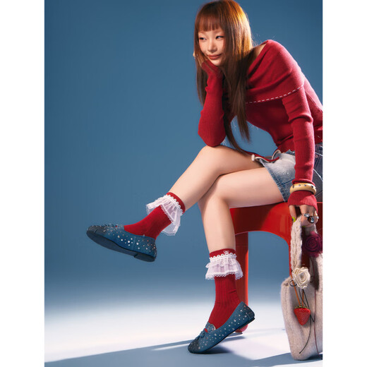 CHUU Lace Mid-calf Socks Women's 2026 Spring New Angora Red Letter Embroidered Knitted Socks Retro Red