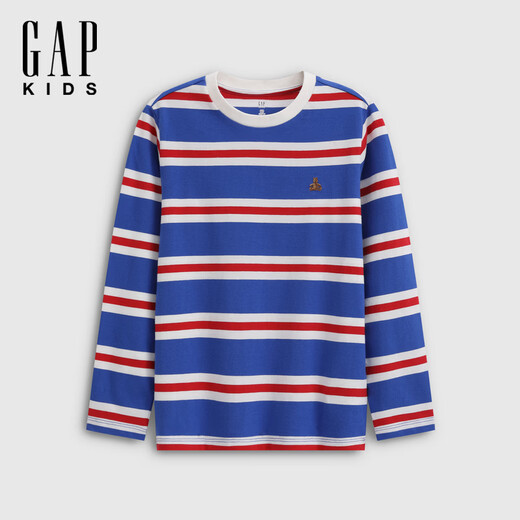 Gap Gap Boys 2026 Spring New Bear Embroidered Striped Loose Long-Sleeved T-shirt Children's Top 861988 Blue and White Stripes 120 cm (6-7 years old) Asian size