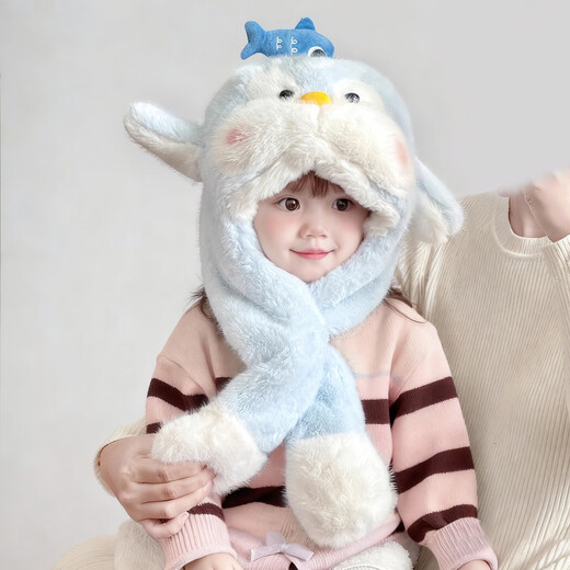 Baby penguin scarf hat with moving ears, winter super cute thickened baby and child ear protection integrated plush hat, khaki color - can move when pinched (recommended for 2-6 years old)