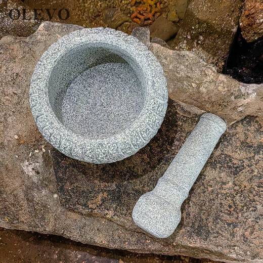 Olevo retro bluestone stone mortar garlic pounder medicine jar stone cup household food supplement grinder bowl old-fashioned garlic press mortar outer diameter 12cm small size