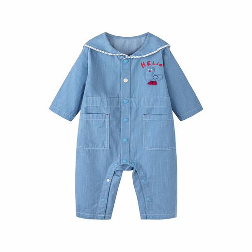 Minibala baby clothes for men and women, soft imitation denim jumpsuits, outdoor rompers, spring new style, denim light blue 88101 90cm