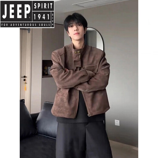 JEEP SPIRIT Maillard Chaqueta Corta De Algodón Marrón Chaqueta De Algodón con Cuello Alto Engrosado De Terciopelo De Invierno para Hombre Chaqueta De Moto Americana Chaqueta Negra L