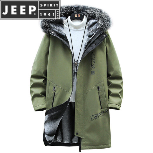 JEEP SPIRIT派克服男士外套冬季加绒加厚棉衣服中长款连帽风衣潮流棉袄 黑色 M