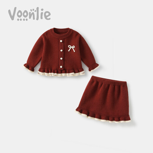 Fanlie VOONLIE girls' winter clothes, children's fashionable clothes, baby one-year-old dress, knitted red New Year's greetings two-piece set, autumn and winter, red 100 cm