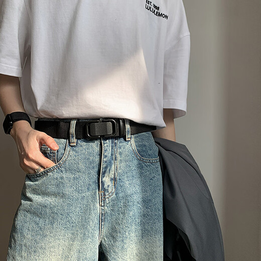 Tenggexiang canvas belt for men, automatic buckle belt, casual pants belt, punch-free, trendy, versatile, fashionable, student military training, black 120CM