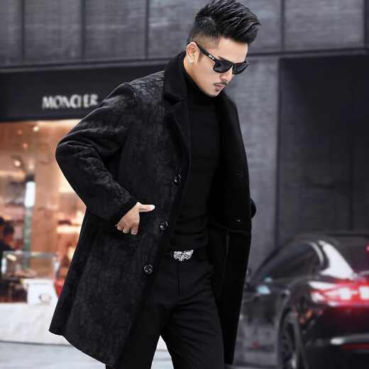 CHEVALPES international first-line brand sheepskin men's long suit lapel coat genuine leather coat men's windbreaker imitation fur black M 165