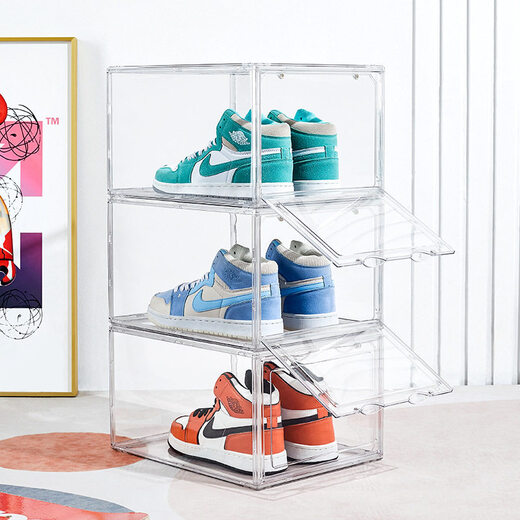 Shijanu transparent acrylic shoe box storage box shoe display rack AJ sneaker shoe cabinet dust-proof magnetic suction can be stacked with plastic side opening fully transparent shoe box 4 pieces 36x27.5x21cm