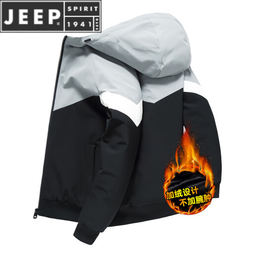 JEEP SPIRIT autumn and winter plus size young men's hooded color-blocked jacket velvet sports windbreaker men's outdoor trendy casual cotton jacket 8506 black gray spring and autumn style L