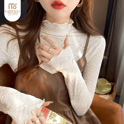 Modal inner lace bottoming shirt for women 2025 new velvet thickened autumn and winter half turtleneck white mesh shirt one size
