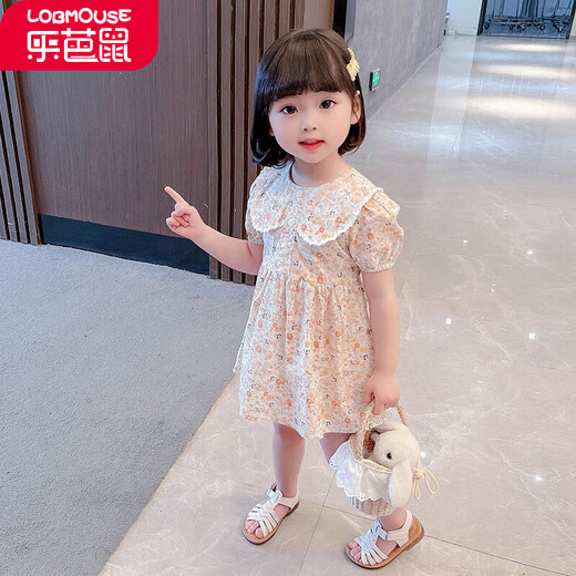 乐芭鼠童装女童连衣裙女宝宝衣服夏季甜美可爱碎花裙小孩裙子公主裙娃娃领洋气时髦薄款中小童 桔色 100码建议2-3岁 ( 90-100cm )