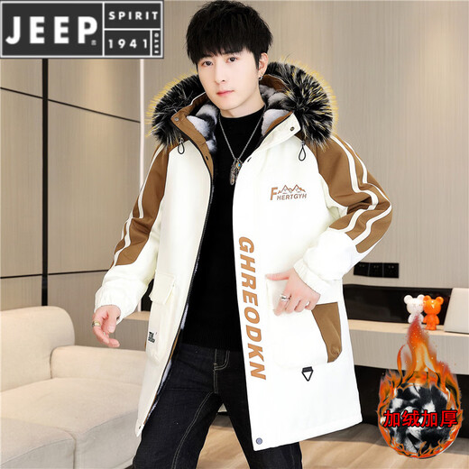 JEEP SPIRIT秋冬季新款中长款风衣男士加绒加厚连帽外套保暖派克服 23A19黑色中长款 加 绒加 厚 XL 125-145斤